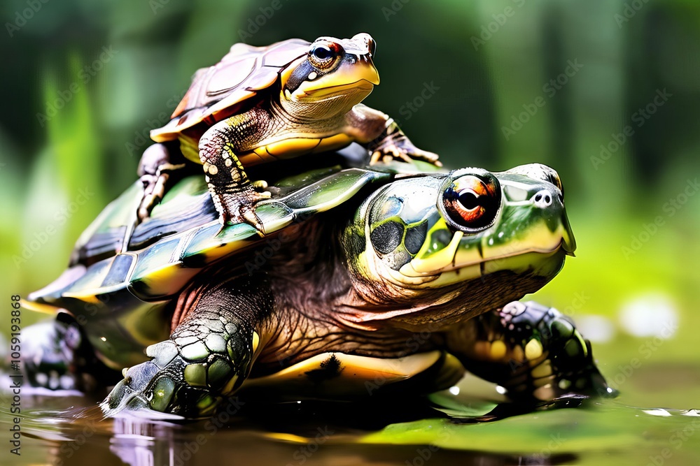 Poster turtle riding on the back of a froga turtle hitching a ride on t