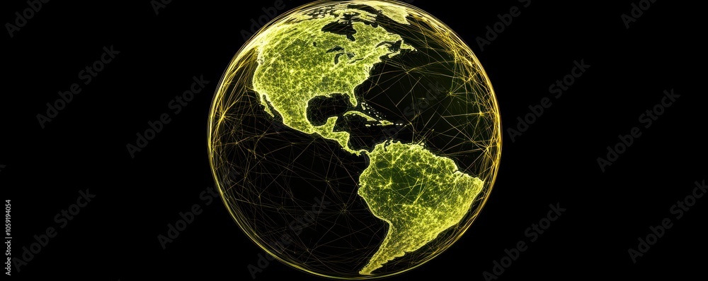 Poster glowing earth with streaming light paths, symbolizing the speed of information transfer, global netw