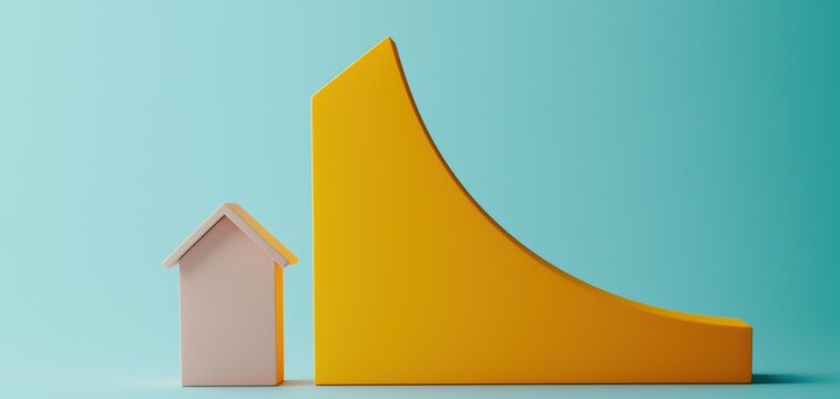 Graph of amortization curve with house model, illustrating mortgage repayment over time, interest burden reduction, and financial planning