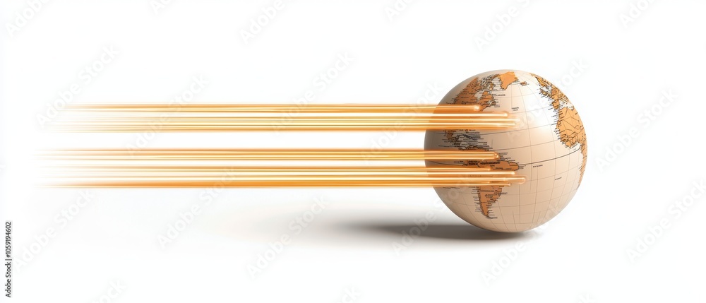 Poster high-speed light trails wrapping around a globe, visualizing concepts of digital connectivity, inter