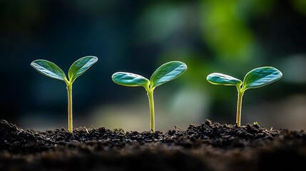 Three Young Plant Seedlings Thriving in Rich Soil Under Sunlight : Generative AI