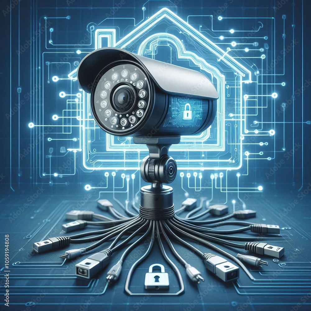 Poster variant a home security camera with a digital lock symbol connec