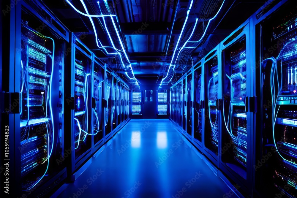 Poster variant data centers with electric currents representing data fl