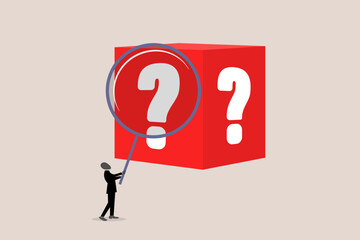Businessman analyze box marked with a question mark using a magnifying glass. concept of random or chance to win, gamble, risk management or analyze opportunity