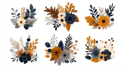 Collection of six stylish, abstract floral compositions with autumn-inspired color palette featuring navy, orange, and beige flowers and leaves on a white background.