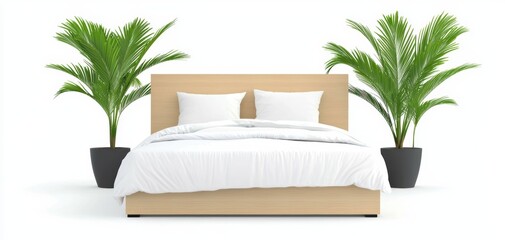 Minimalist bedroom with wooden platform bed, white bedding, potted plants, and soft natural light, representing a serene and modern decor style, isolated on white background