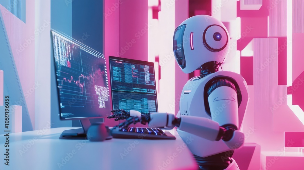 Poster a white robot sits at a desk, using a computer to analyze data, in a futuristic setting with pink an