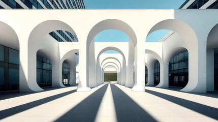 Fototapeta premium Modern architectural corridor with symmetrical white arches and geometric shadows, flanked by glass-panelled buildings under a blue sky, creating a minimalist urban aesthetic.