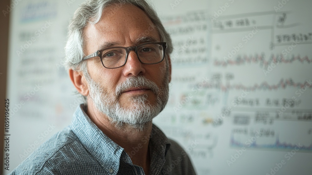 Poster An inspiring portrait of a professor at a whiteboard, passionately explaining a challenging concept, with colorful diagrams and equations illustrating complexity.

