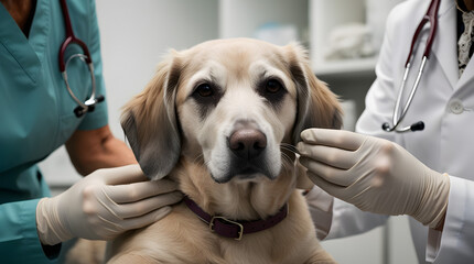 Vets examining a dog. Close up of white Labrador dog at vet clinic with male veterinarian stroking his head, copy space. Smiling veterinary examining dog