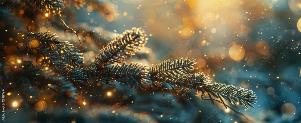 Poster closeup of evergreen tree branch with sparkling lights and bokeh during winter