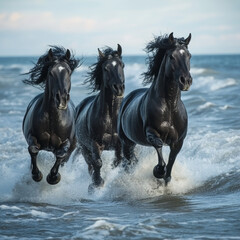 Fototapeta premium Black horses with flowing manes gallop along the shimmering shoreline, their powerful forms contrasting against the vibrant sea.
