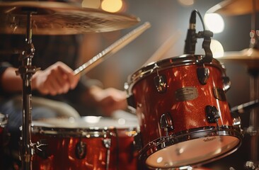 Fototapeta premium A Drummers Hands Playing a Snare Drum in a Studio