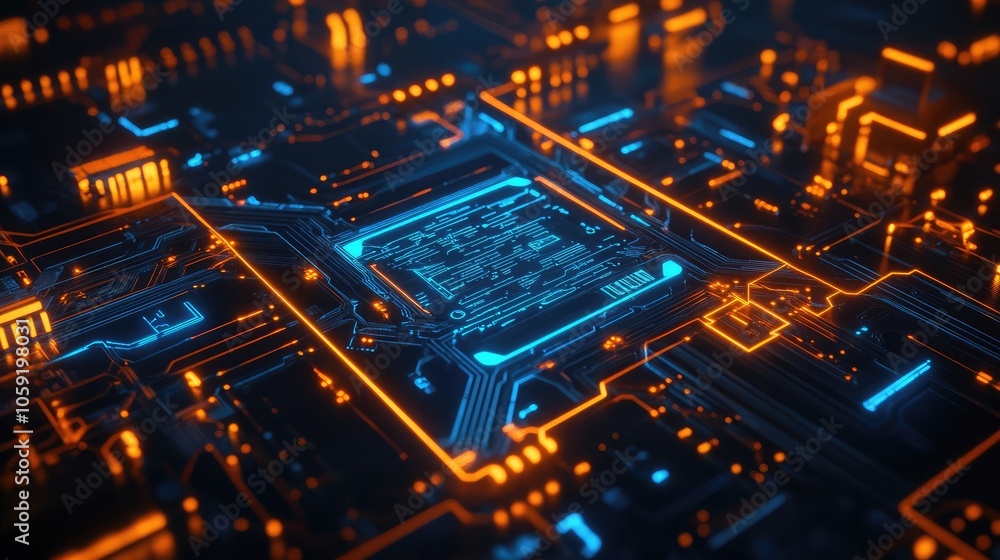 Poster close-up view of a circuit board with glowing blue and orange lines, highlighting the complexity of 