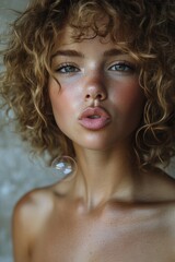 Young woman with curly hair blowing a bubble, captured in a close-up portrait indoors