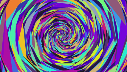 Abstract geometric vibrant psychedelic vortex background made of triangles with spiral effect. Hypnotic dynamic neon color swirl. Pop-art geometry in spiral motion illusions. Vector illustration