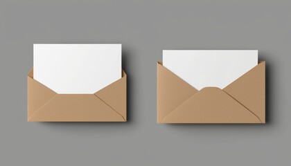 Top view of white card and brown envelope on gray background, symbolizing clean design, stationary mockup, and minimalist aesthetics