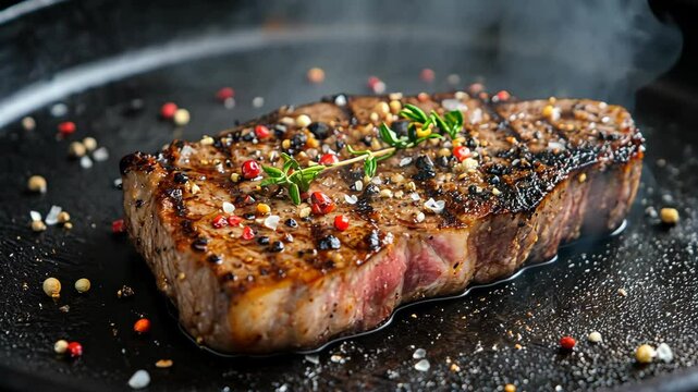 A perfectly cooked steak with grill marks sits on a black pan with salt and pepper, steaming in the kitchen