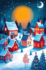 Colorful Childlike Christmas Village at Night with Snow and Decorated Trees &ndash; Festive Illustration for Greeting Cards