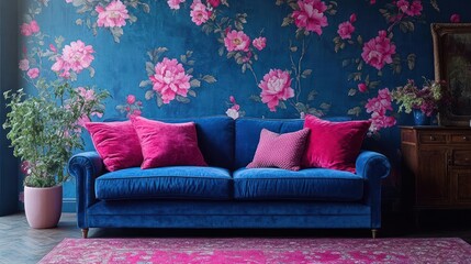 Luxurious and colorful living room with two blue couches, decorated with pink flower wallpaper.