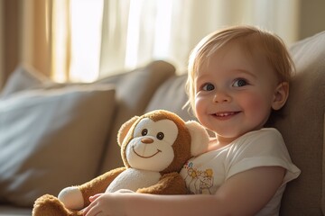 Toddler with a monkey plush, happy expression, sitting on a sofa, afternoon light, side angle 2