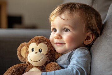 Toddler with a monkey plush, happy expression, sitting on a sofa, afternoon light, side angle 1
