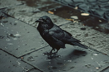 Obraz premium a black bird standing on a wet sidewalk