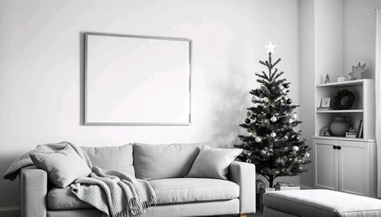 Cozy living room, blank white frame, decorated with Christmas decor, Christmas tree, lights and ornaments, simple design.