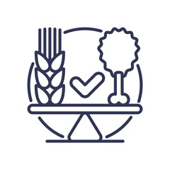 Balanced nutrition symbol with grains, vegetables, and a checkmark on a scale.
