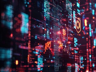 Fototapeta premium Futuristic digital interface showcasing cryptocurrency data with vibrant neon colors and intricate patterns.