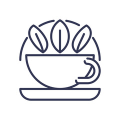 Line art of a teacup with leaves, symbolizing herbal infusion and natural wellness.