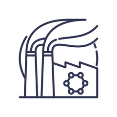 Factory with chimneys and molecular structure symbolizing industrial production.