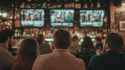 a group of diverse friends in a bar, pub watching the superbowl, American football game on TVs with a crowd cheering in background, after work, happy hour concept