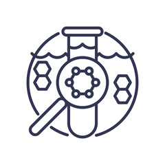 Test tube and magnifying glass symbolize scientific research and molecular analysis.