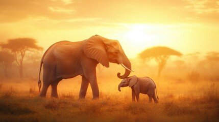 Fototapeta premium Elephant mother gently touching her calf with her trunk on African savannah during golden sunset