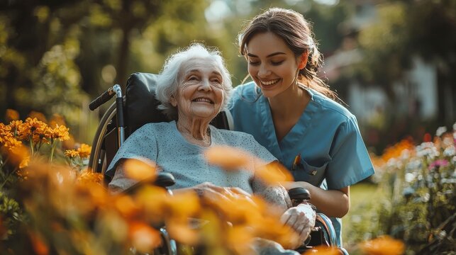 A vibrant capture of a nurse in blue attire helping a smiling elderly woman in a wheelchair, emphasizing joy, care, and warmth in a sunlit garden setting.