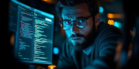 A focused individual working on coding in a dimly lit environment.