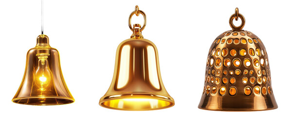 Set of Three beautiful golden bells with unique isolate on transparent background, cutout, png