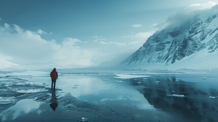 Solitary Arctic Explorer in Vast Icy Landscape.