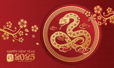 Chinese zodiac snake with oriental peach blossoms. Happy Chinese new year 2025