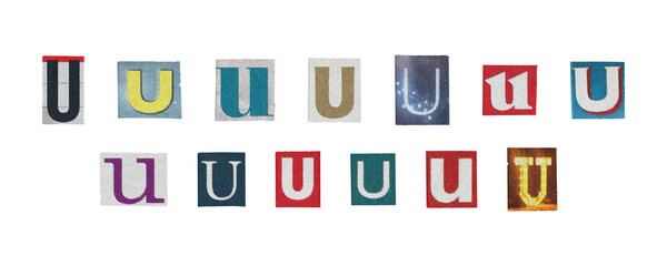 Set of isolated cut-out letter “U” from magazines on a transparent background, retro y2k style