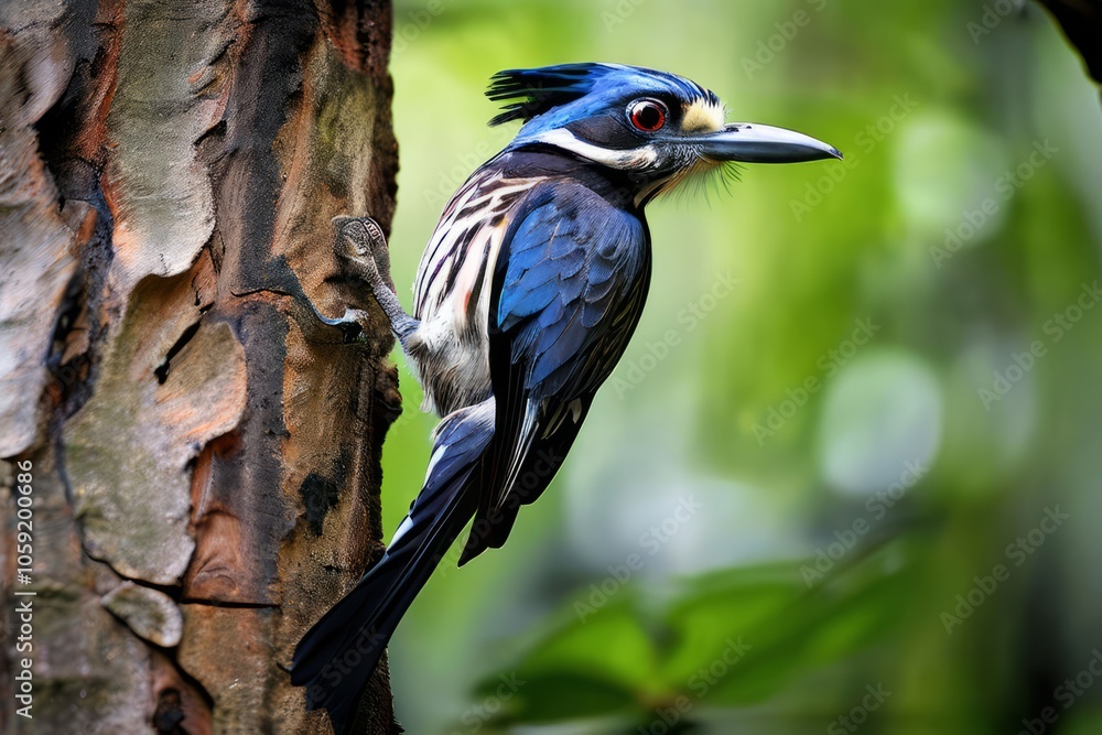 Aufkleber xenops climbing tree trunk using stiff tail feathers for support