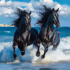 Black horses with flowing manes gallop along the shimmering shoreline, their powerful forms contrasting against the vibrant sea.