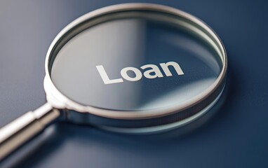 A magnifying glass focusing on the word 'Loan' on a blue background, symbolizing financial scrutiny and attention.