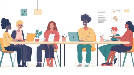 A group of diverse individuals in a classroom setting, sharing ideas and working together on