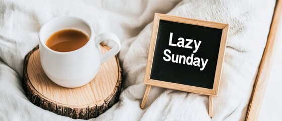 Cozy coffee cup next to a wooden sign on a soft blanket, embodying a lazy Sunday vibe.