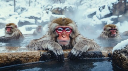 Fototapeta premium A group of wild monkeys bathing in natural hot springs in the snow-covered mountains