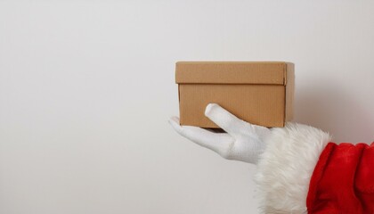 Fototapeta premium Santa's hands holding a brown box with present. On white background. Free space for text. New Year postcard. Santa Claus wearing white gloves, closeup.