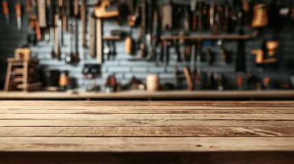 Fototapeta premium Blurred background of workshop tools hung on a wall, with a wooden tabletop in the foreground showcasing a textured surface.