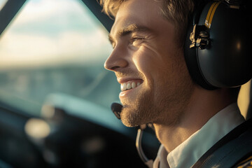 Young pilot enjoying the thrill of flying at sunset
